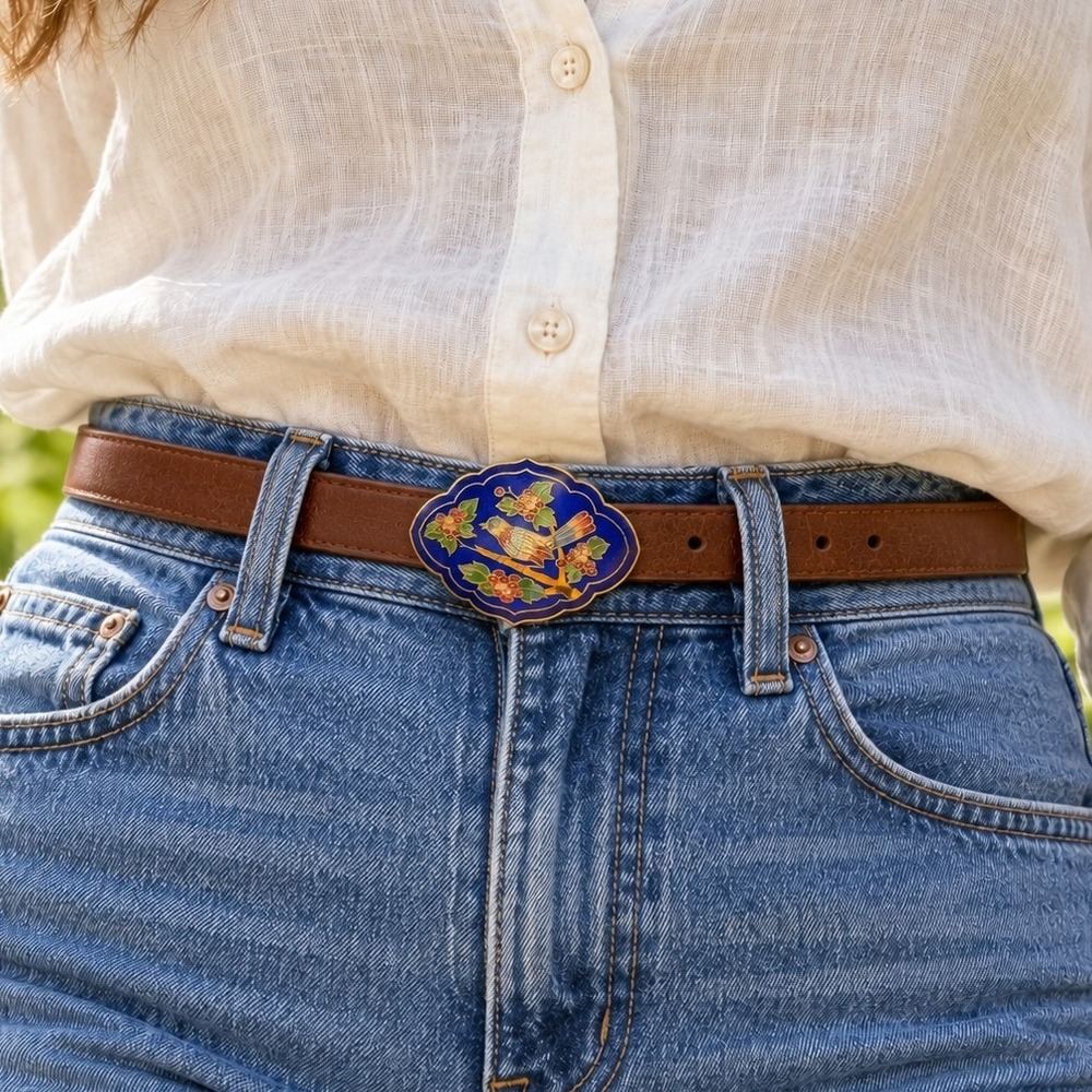 Vtg Cloisonne Belt Buckle Cobalt Blue Bird Floral Enamel Gold Tone Scalloped 3"